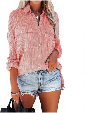 🆕Women's Pinstripe Red Long Sleeve Button Down V Neck Casual Blouses Shirts